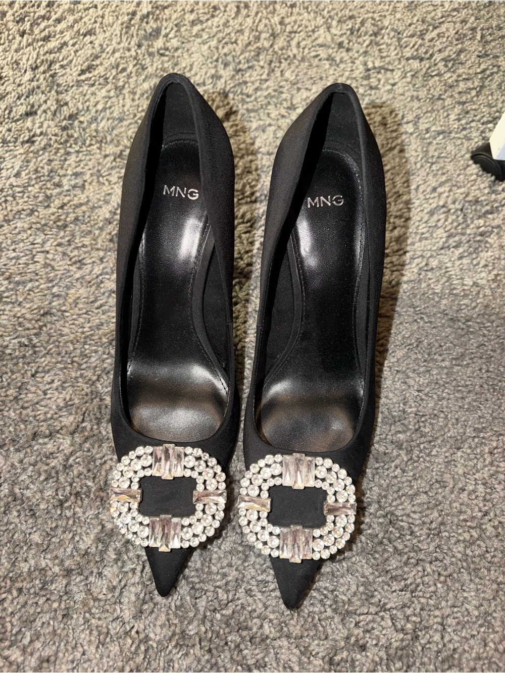 Mango Black Pointed Toe Pumps with Crystal Buckle
